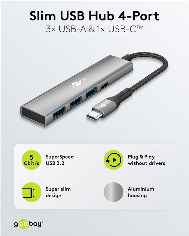 Slim 4-Port USB-C Multiport Adapter HUB mit 3x USB 3.2 / 1x USB-C 5 Gbit/s (76562) - Hellgrau