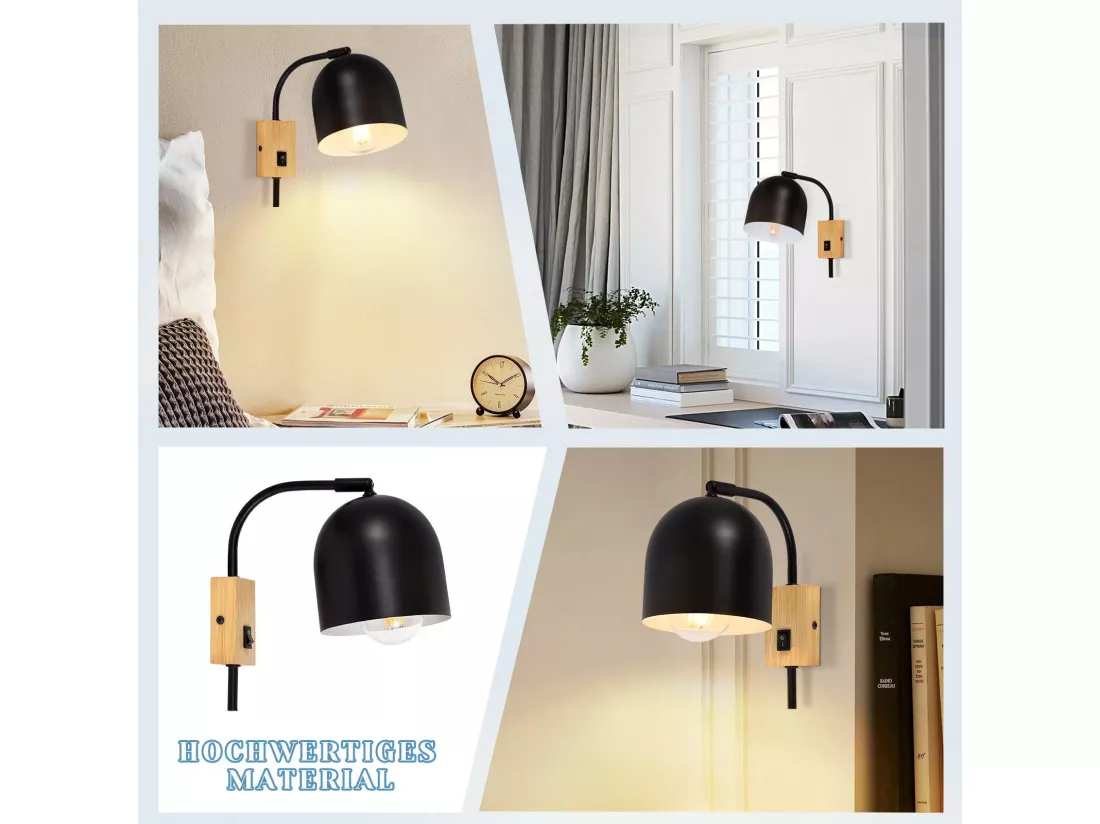 NETTLIFE spots muraux applique en bois avec interrupteur - applique E27 spot mural orientable métal noir lampe de couloir vintage intérieur