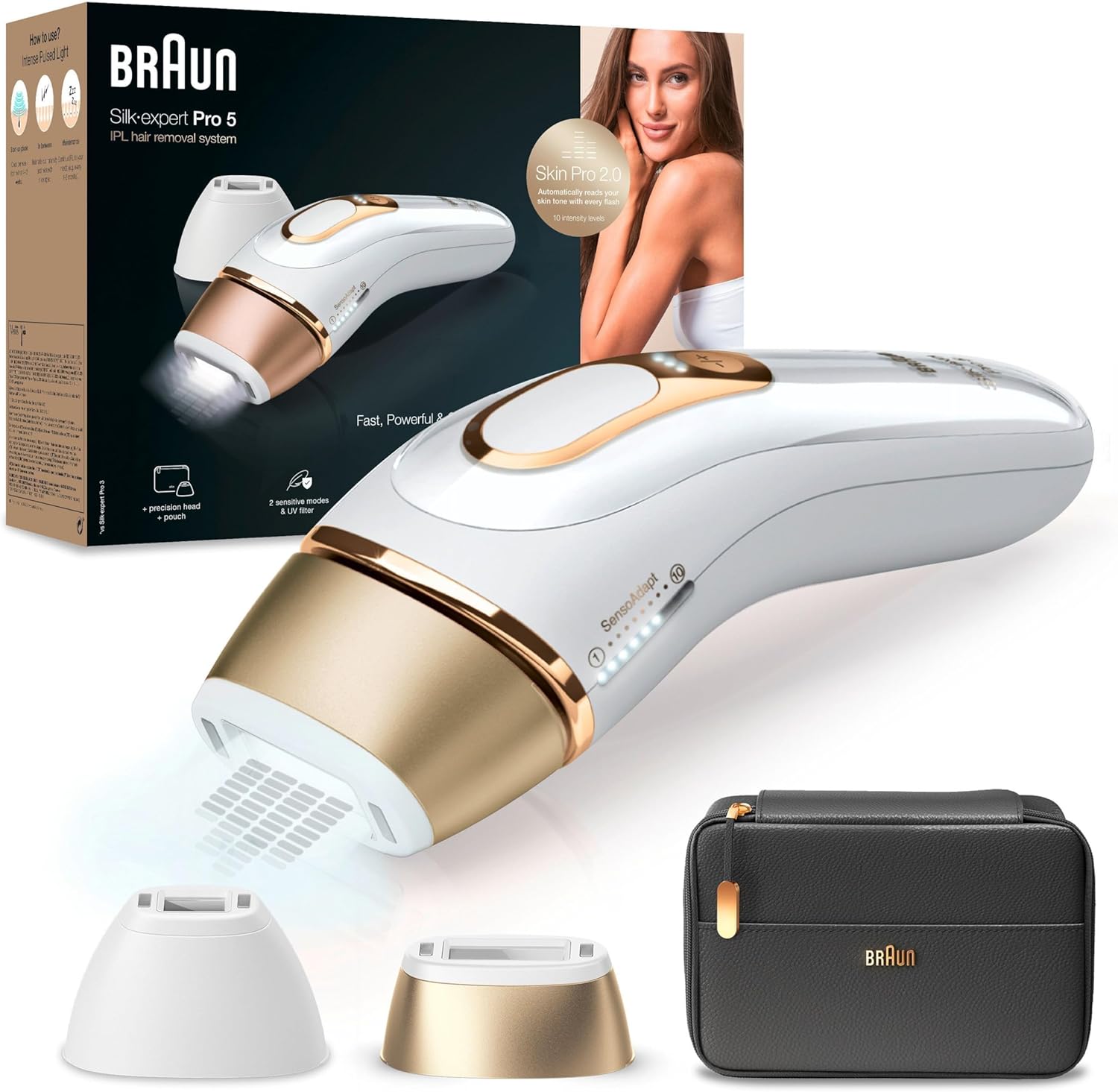 Braun IPL Silk Expert Pro 5 Haarentfernungsgerät Damen/Herren, 2 Aufsätze, sichtbare Haarentfernung, Designed In Germany, Alternative zu Laser Haarentfernung, PL5140, weiß/gold