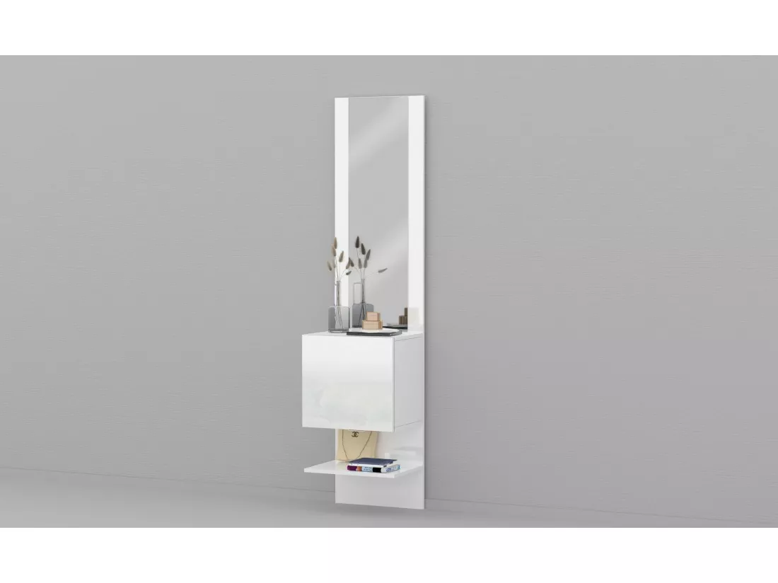 Meuble d'entrée Vitale, Armoire multifonctionnelle avec miroir, Étagère à chaussures avec 1 porte, 45x35h190 cm, Blanc