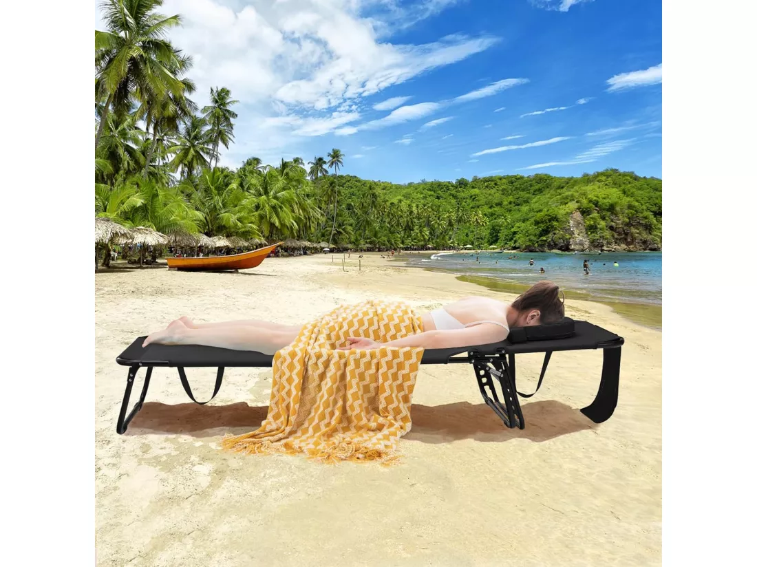 Chaise Longue Pliante Réglable à 5 Positions avec Trou pour Visage, Bain de Soleil en Tissu et velours Oxford avec 3 Coussins Amovibles, Charge 160 KG, pour Piscine Plage, Cour, CamBoisg(Noir)