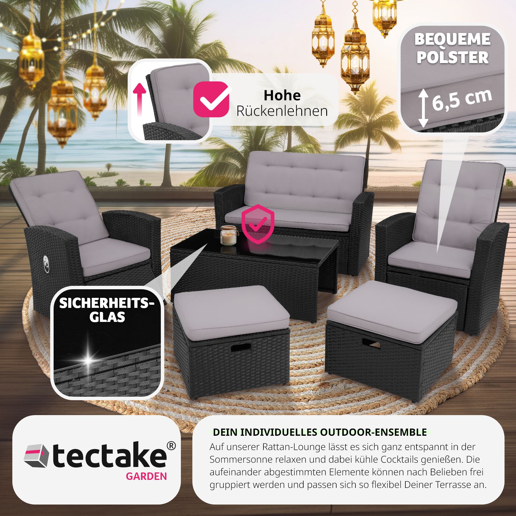 tectake® Rattan Lounge, mit Aluminiumgestell, wetterfest und UV-beständig, mit Sicherheitsglasplatte und Schraubfüßen