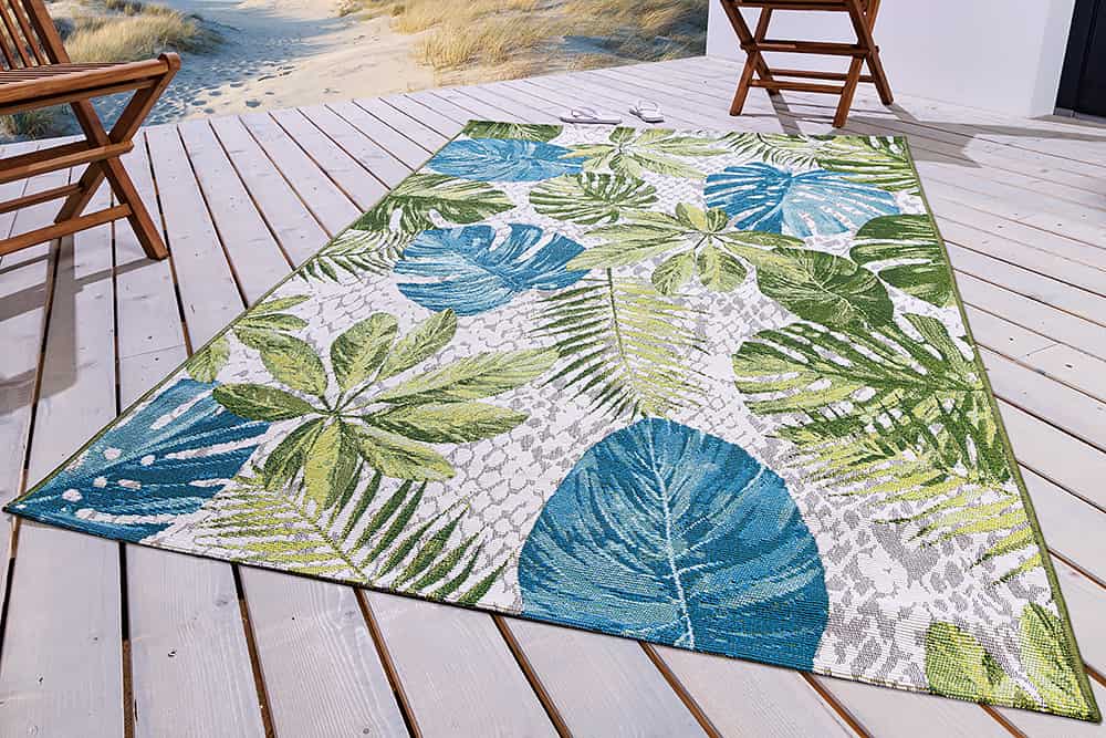 In- und Outdoor Teppich LEAF 235x160cm türkis grün weiß Blätter florales Design wetterfest