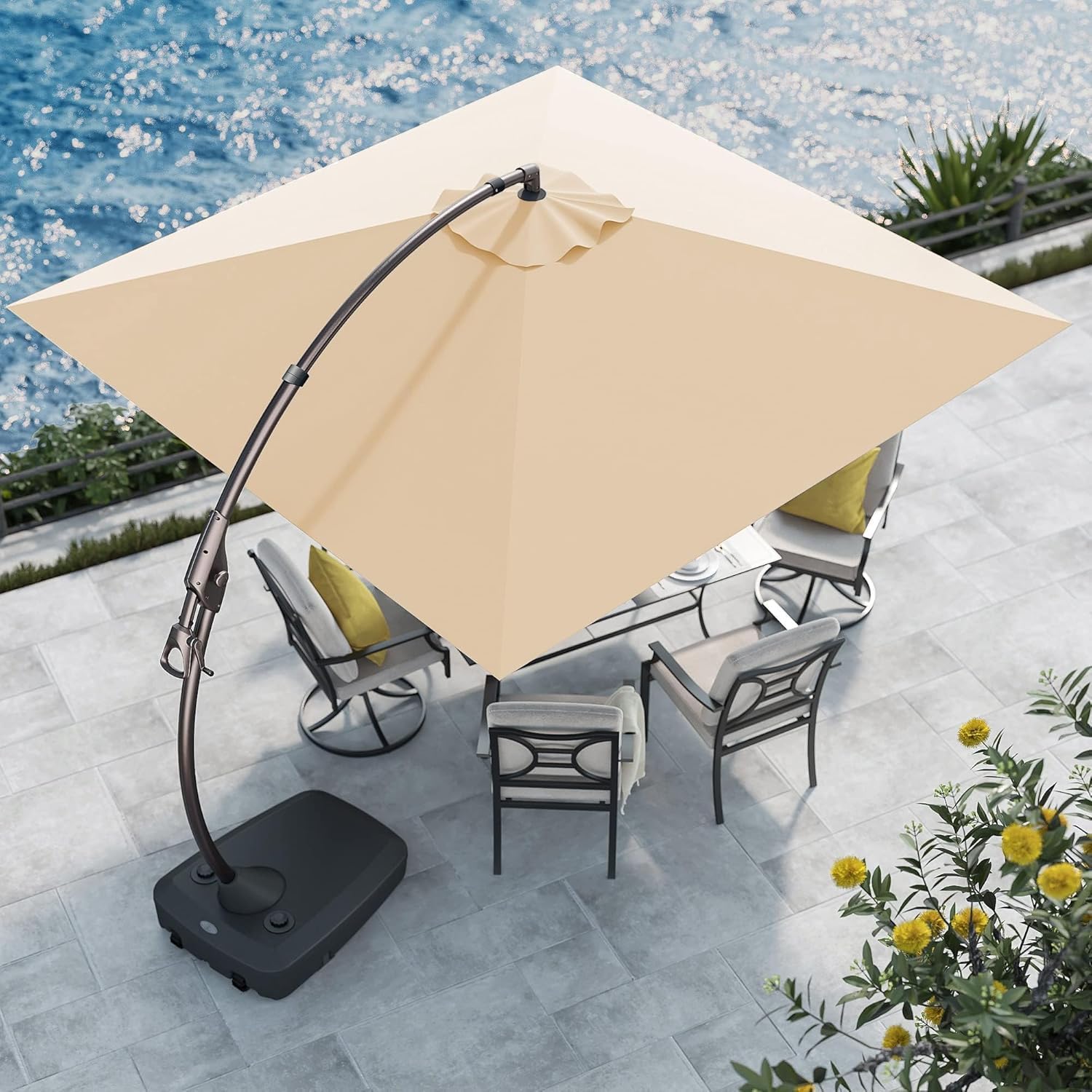 Grand patio Sonnenschirm Quadrat 300cm mit Schirmständer, Gartenschirm mit Volant, Neigungswinkelverstellung, UV-Schutz UPF 50+, Marktschirm mit Kurbel, für Garten, Balkon, Terrass (Beige)
