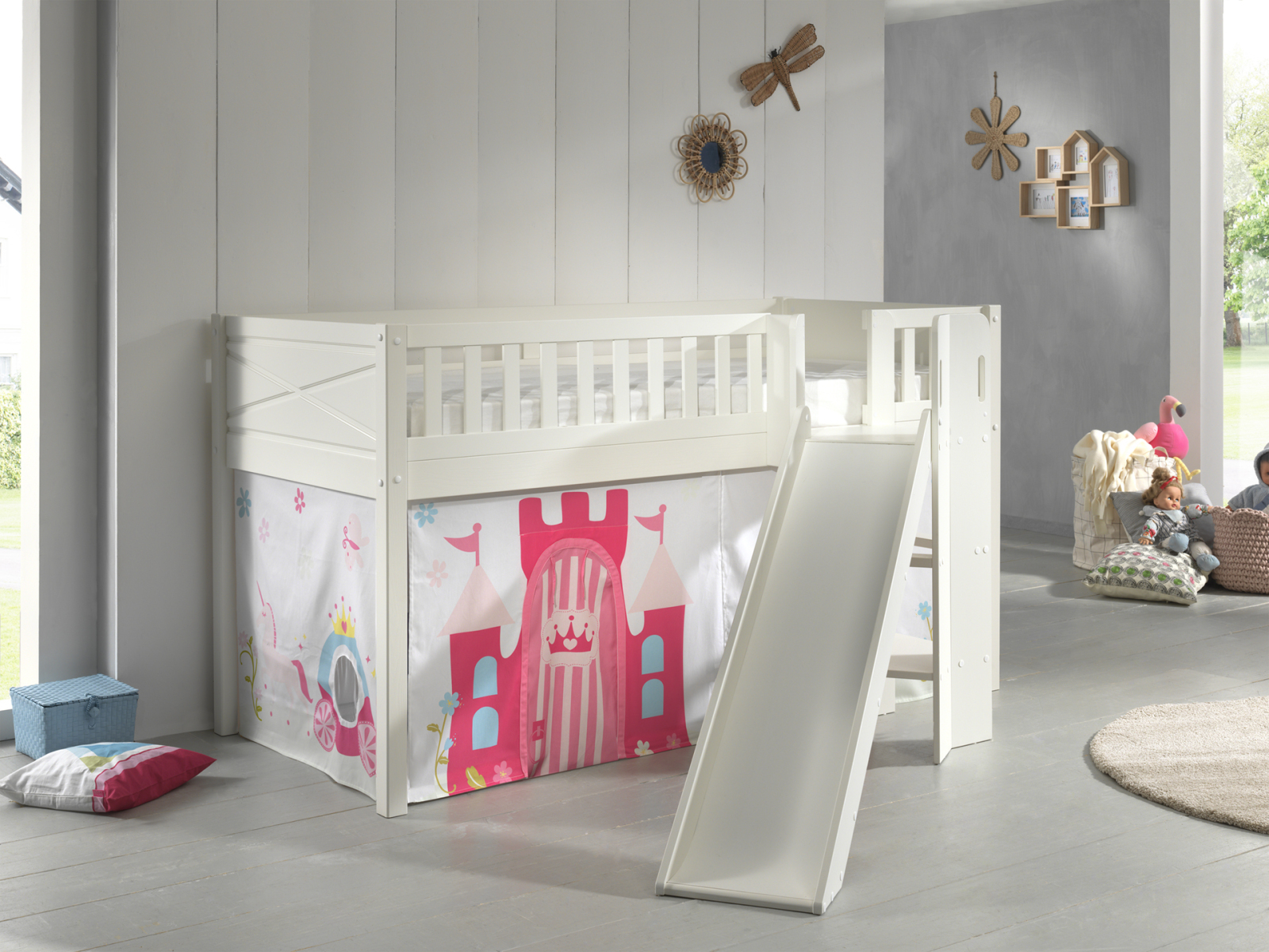 Spielbett SCOTT - weiß - Princess - mit Rutsche, Vorhang und Leiter - 90x200 cm