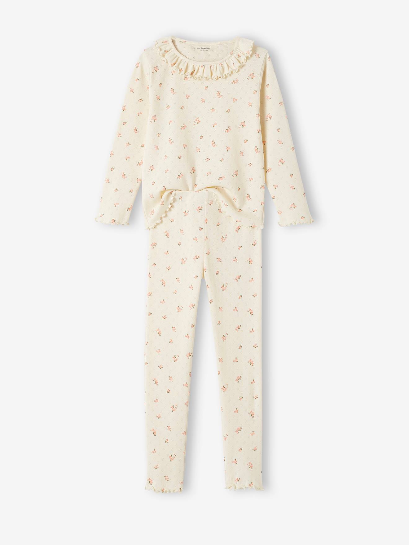 Pijama de malha vazada com estampa floral para meninas, cor cru
