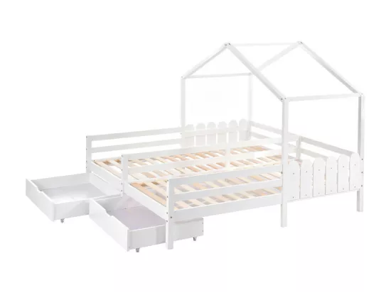 Lit cabane pin massif 2x90x200 cm - avec 2 tiroirs - Blanc