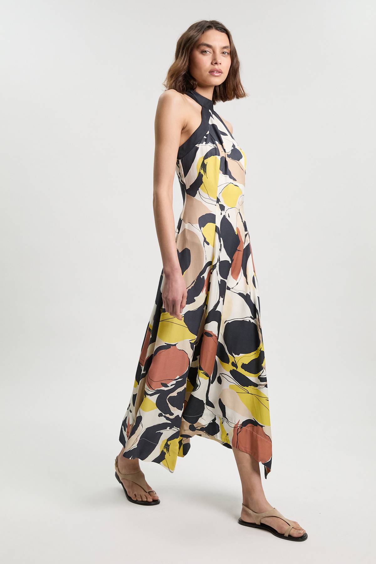 KarenMillen Robe Maxi Col Licou À Imprimé Abstrait En Lin Viscose Tissé