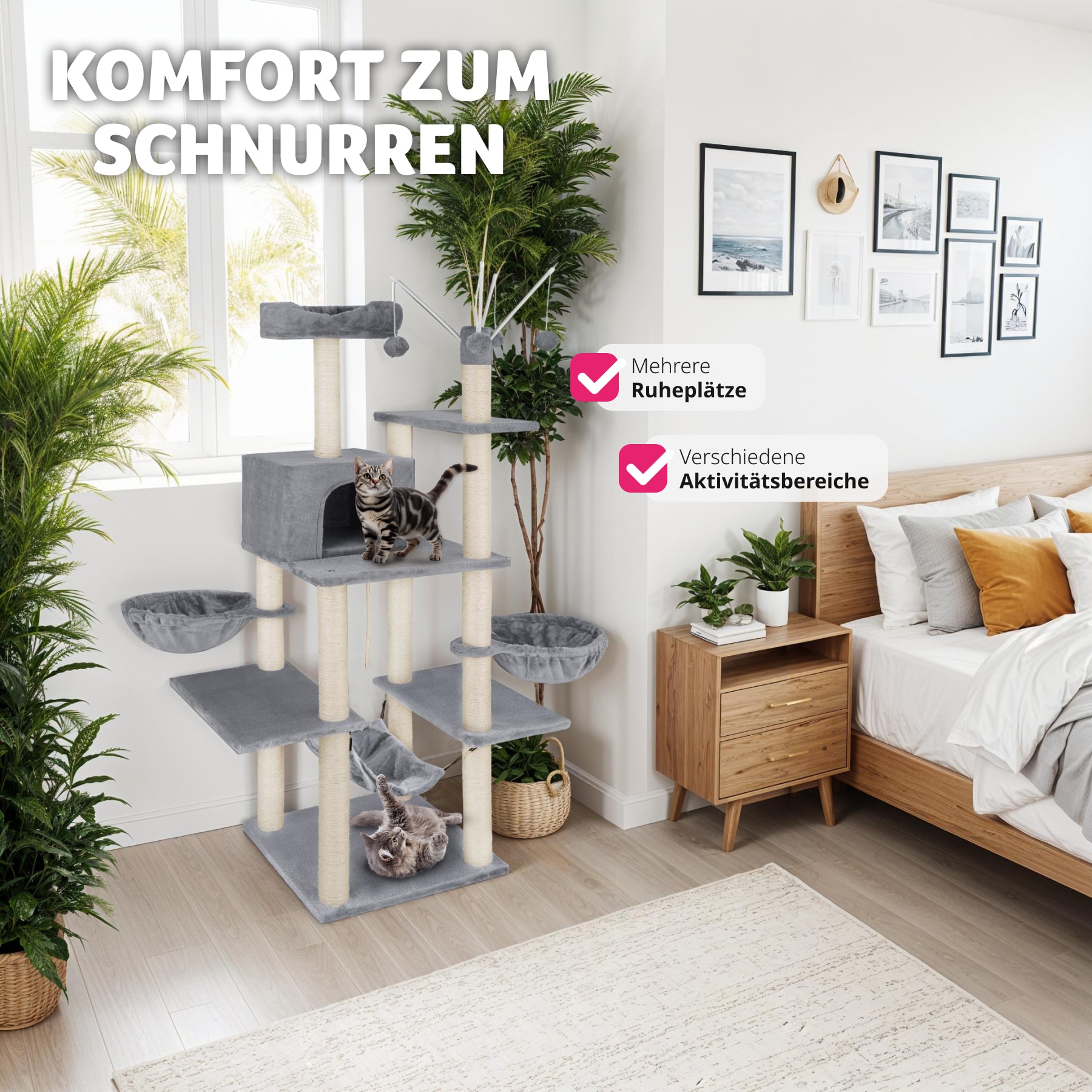 tectake® Kratzbaum, 165 cm, mit Katzenhaus, inklusive 4 Spielbällen, Kordel und Kippschutz