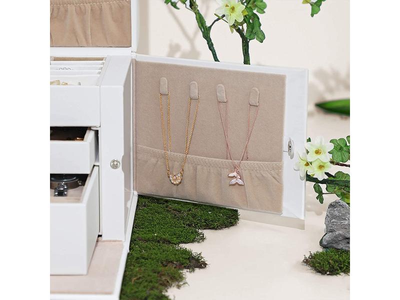 Songmics Schmuckschatulle mit 3 Ebenen, Weiss, Kunstleder Schmuckbox abschliessbar