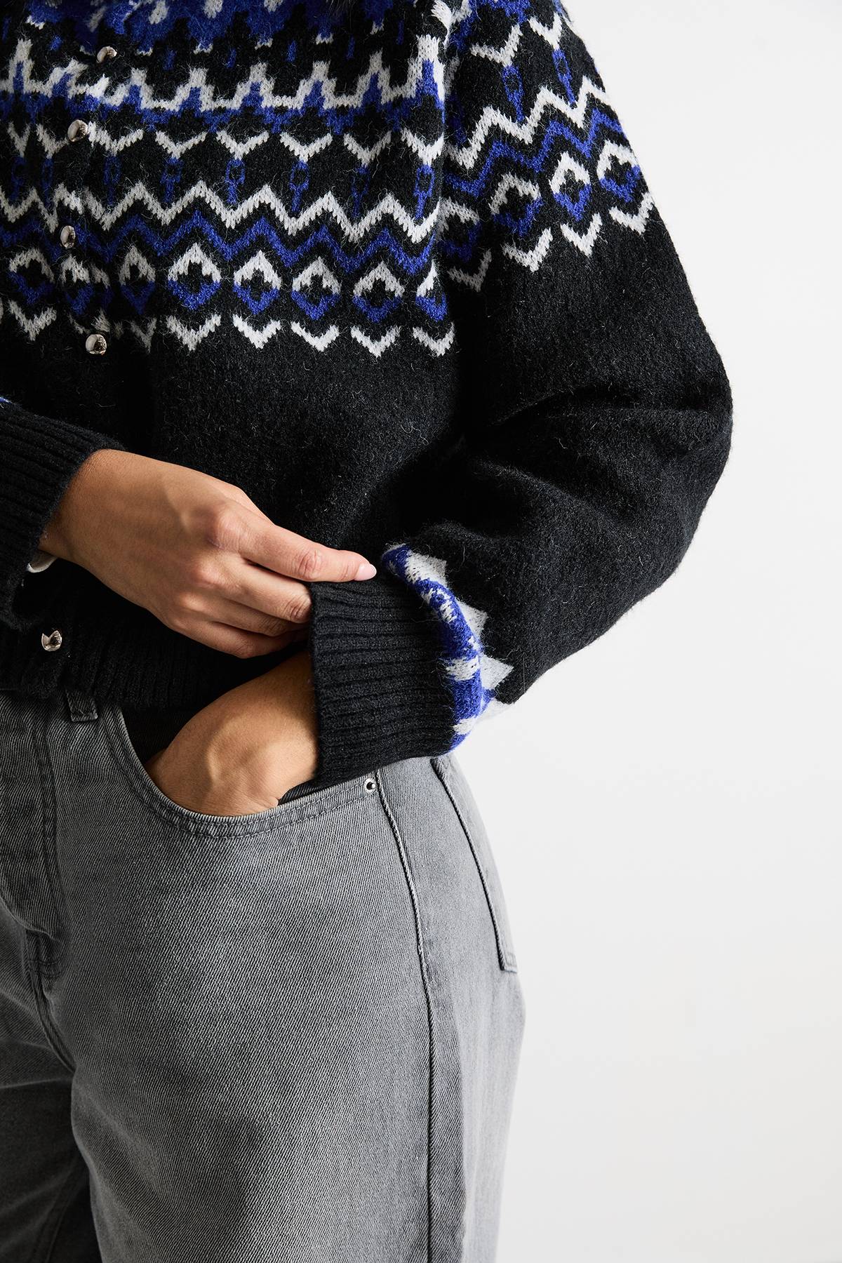 Warehouse Cardigan en Maille Épaisse à Col Montant Motif Fairisle