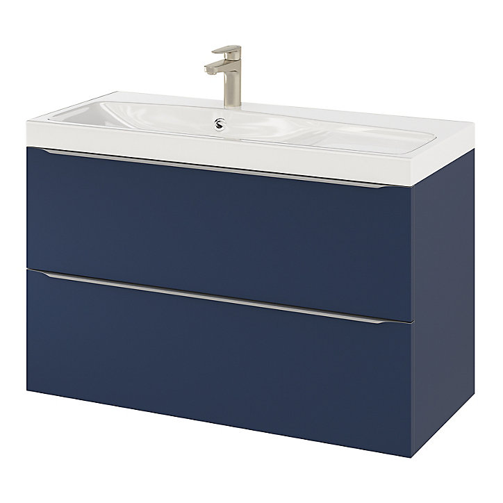 Ensemble salle de bains l.100 cm meuble à suspendre Imandra bleu nuit mat + plan vasque résine blanc
