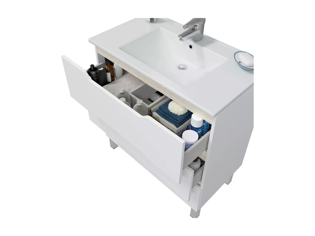 Meuble de salle de bain 80cm avec 3 tiroirs sans poignée coloris blanc - Longueur 80 x Profondeur 45 x Hauteur 86 cm