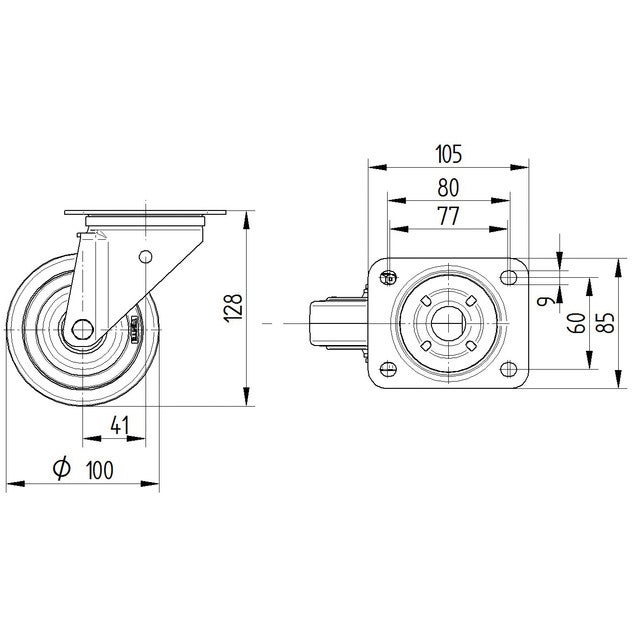 TENTE 360 Blue Wheel zwenkwiel met fixeerinrichting 100mm