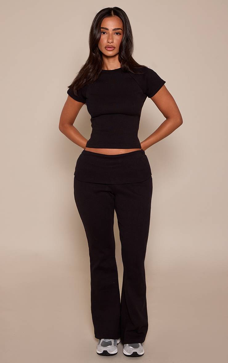 Noir Pantalon Évasé Côtelé Petite Taille Avec Ceinture Repliable