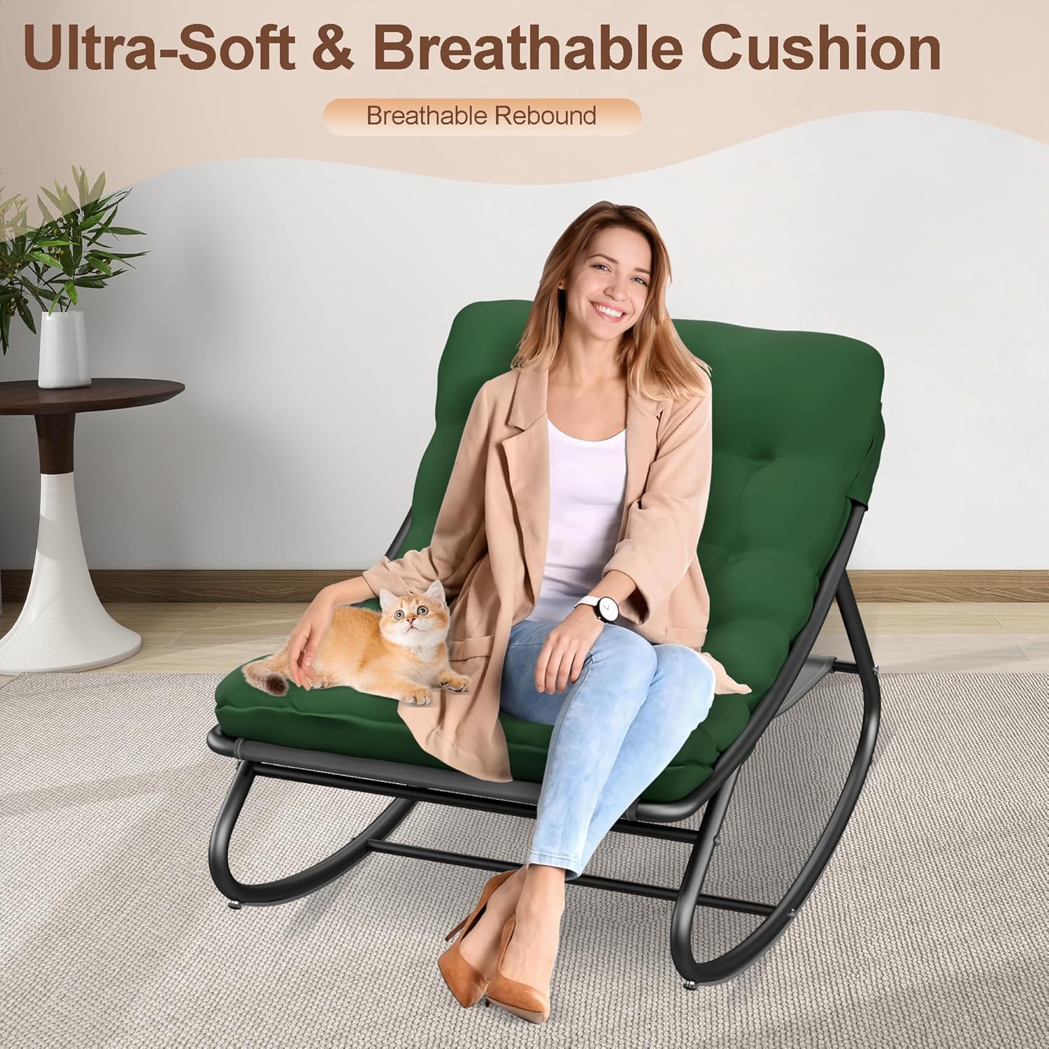 Schaukelstuhl mit Hocker, Schaukelsessel Relaxstuhl, Schaukelstuhl Wohnzimmer, Relaxstuhl mit Gepolstertem Kissen bis 150 kg Belastbar, Schaukelliege Outdoor Innen für Garten, Schlafzimmer (Grün-yi)