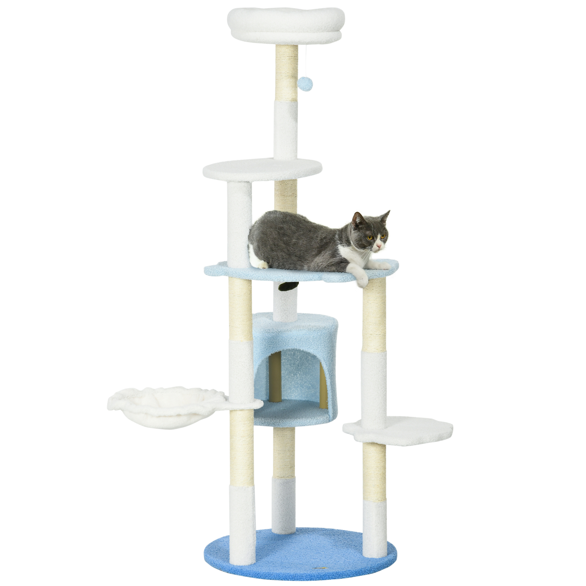 Árvore arranhadora grande PawHut de 155 cm para gatos, torre para gatos de interior com postes de sisal, cama em forma de caverna, rede e bola de brinquedo, Ø54,5 x 155 cm, branca e azul.