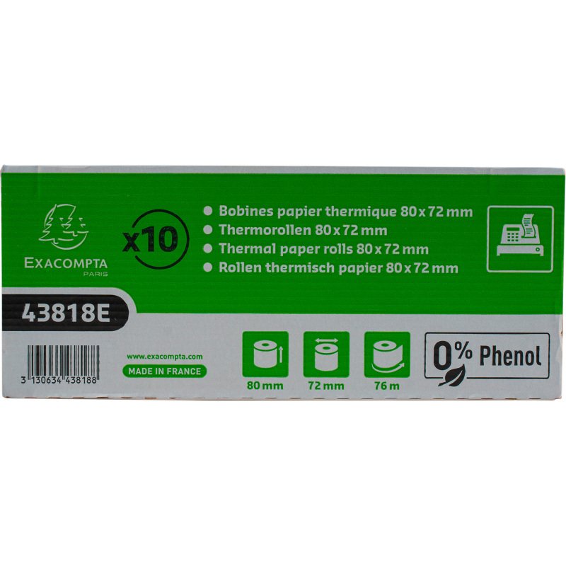 Bobines Caisses Exacompta 43818E - l 80 mm x L 76 m, Ø 72 mm - 1 pli(s) - paquet de 10