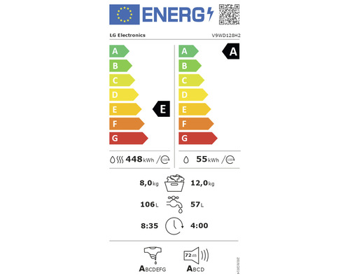LG V9WD128H2 wasdroger, capaciteit 12 kg/8 kg
