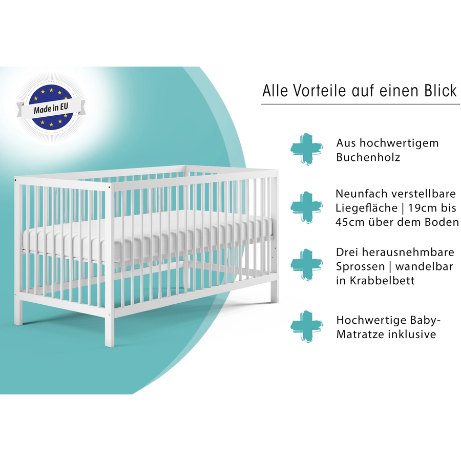 Kids Collective Babybett Gitterbett 60x120 | 70x140 höhenverstellbar & herausnehmbare Sprossen weiß mit Matratze