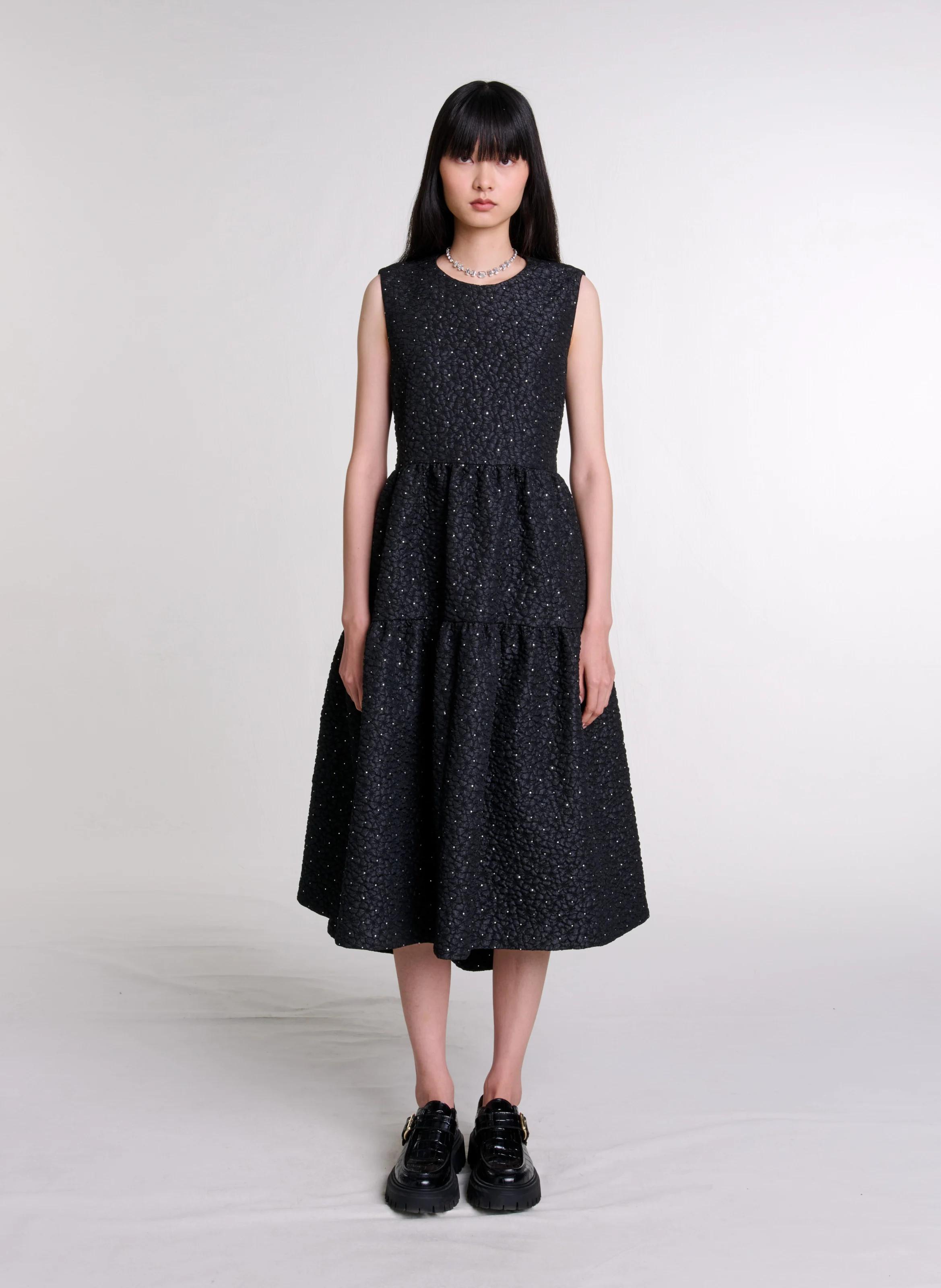 Robe longue col rond à strass | Noir