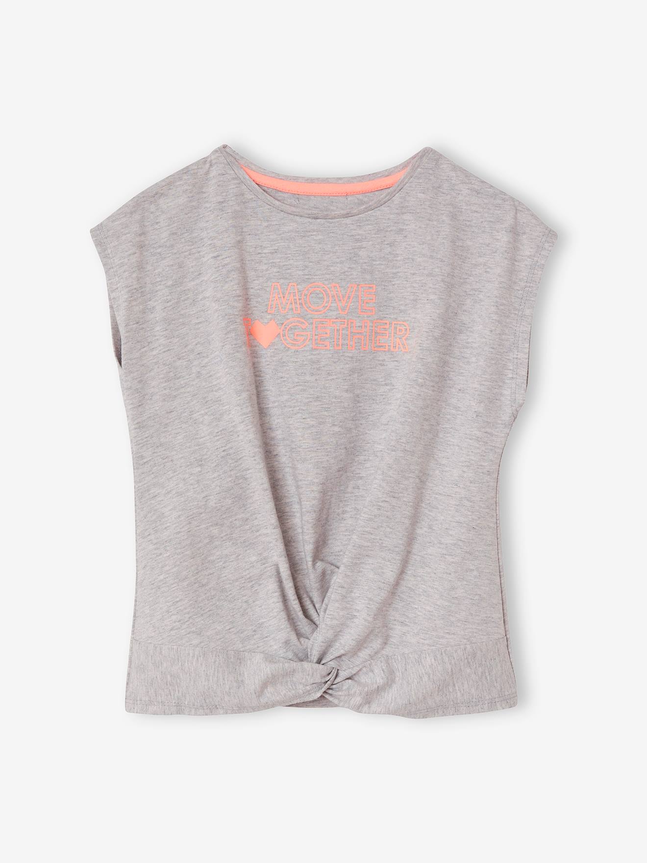 Conjunto de moletom cinza mesclado tamanho médio para meninas, composto por blusa com amarração e leggings.