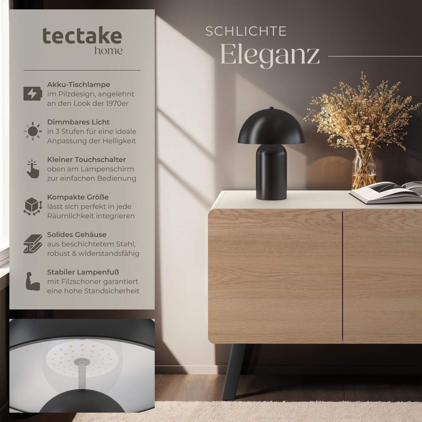 tectake® Akku-Tischlampe, Retro-Pilzdesign im 70er-Jahre-Stil, indirektes Licht, Touchschalter, inkl. Ladekabel, 25 x 34 cm