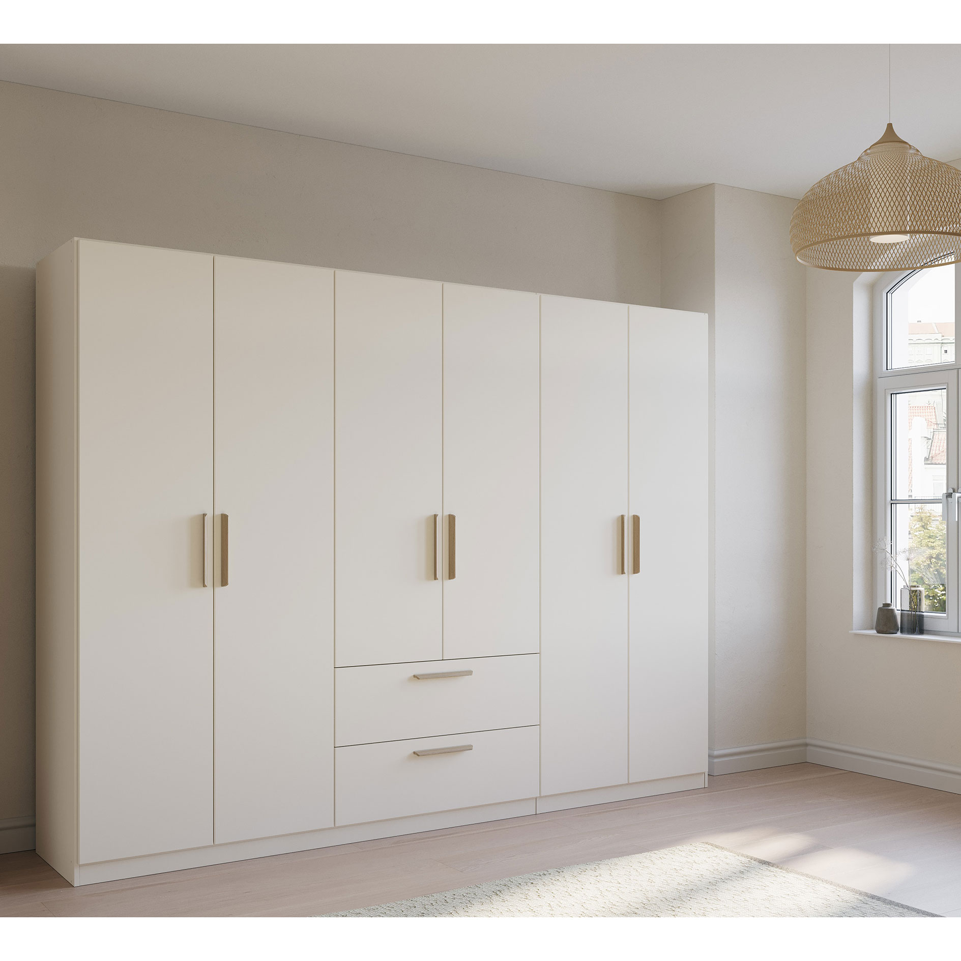 Drehtürenschrank - alpinweiß - 6-türig - 2 Schubkästen - 271 cm