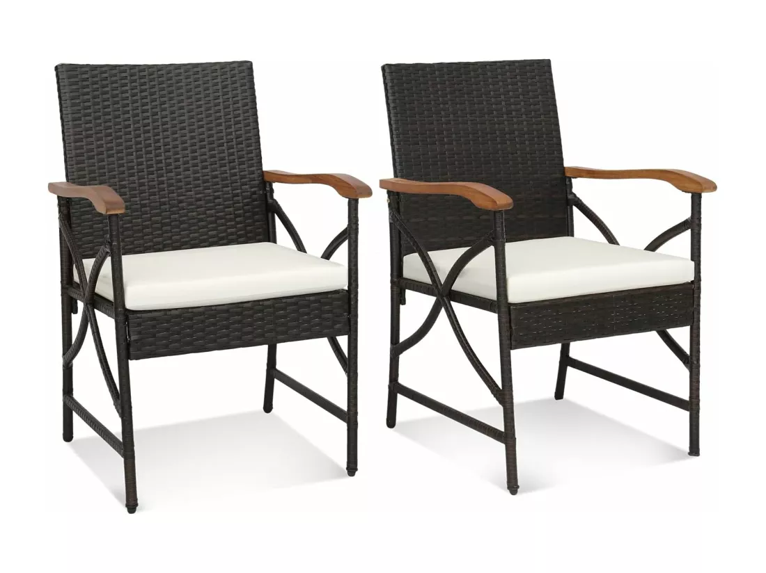 Fauteuil de Jardin Éxterieur Lot de 2 avec Coussins, Chaise Jardin Exterieur en Rotin et fibre naturelle PE avec Accoudoirs en Bois, Cadre en X, Hauteur d'Assise 40 cm, pour Salon, Terrasse, Patio