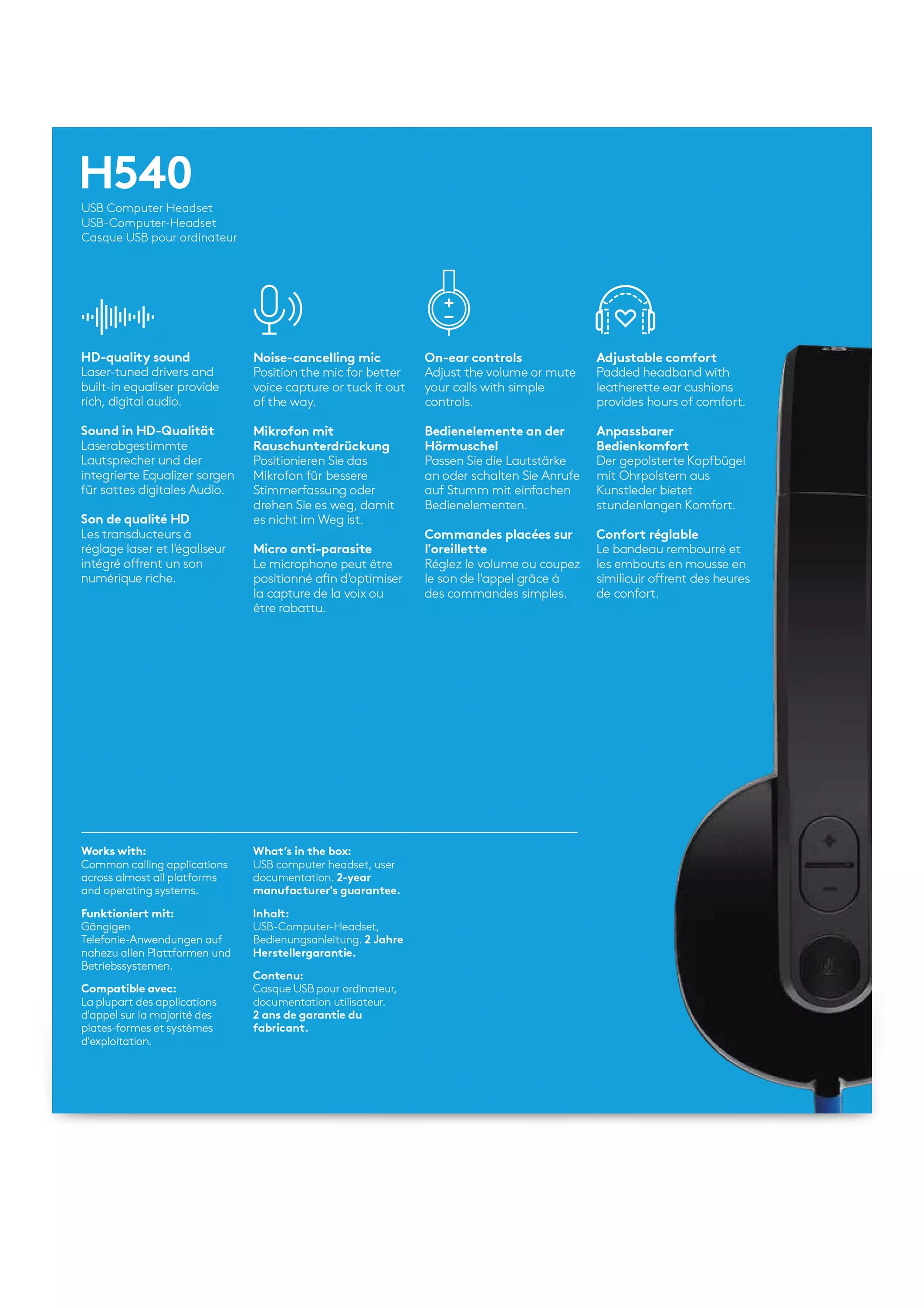 H540 On-Ear Kopfhörer Office Stereo Headset mit USB A Anschluss (981-000480) - Schwarz
