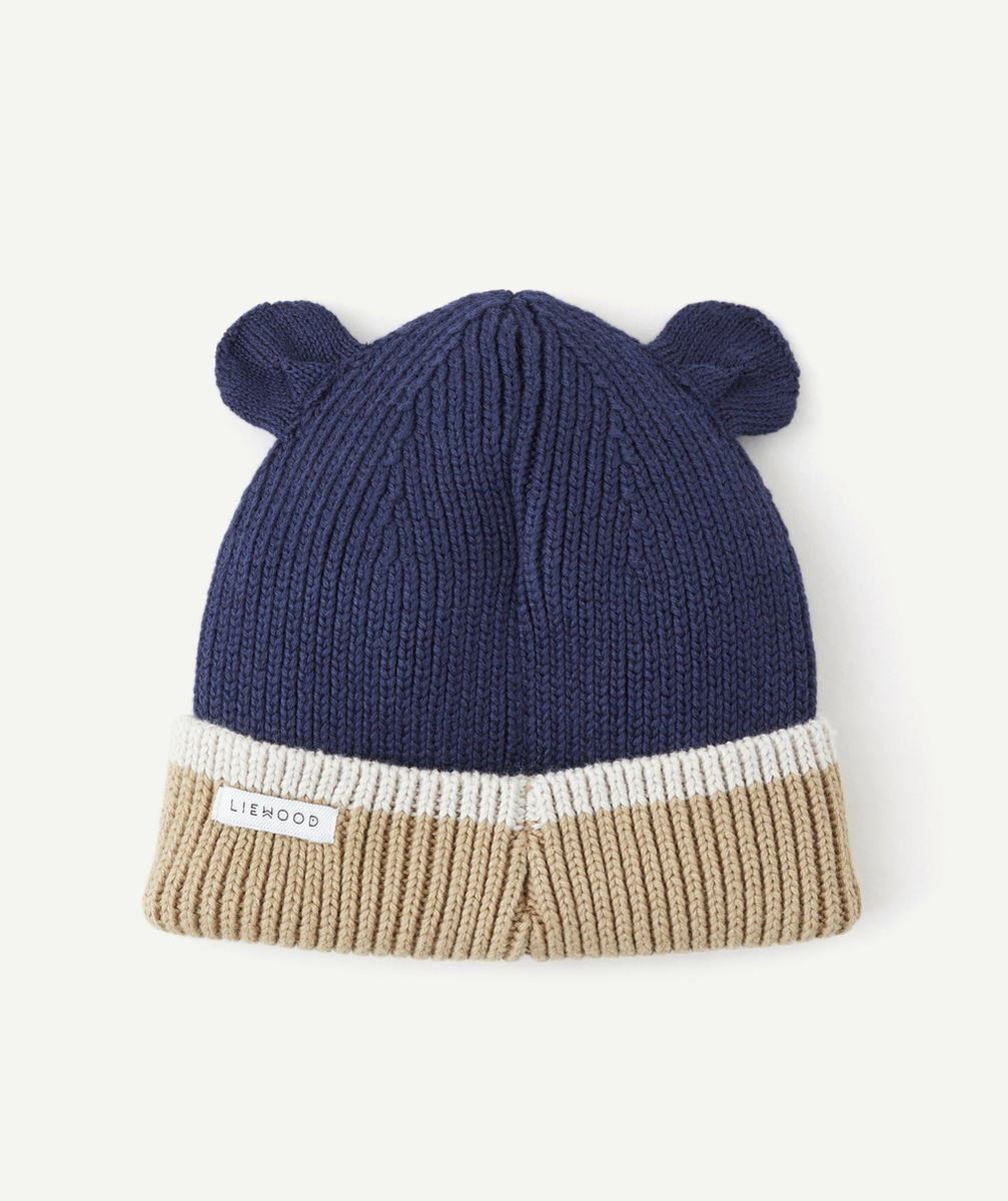 LIEWOODBONNET GINA EN TRICOT CÔTELÉ ET COTON BIO BLEU MARINE ET BEIGE AVEC OREILLES D’OURS
