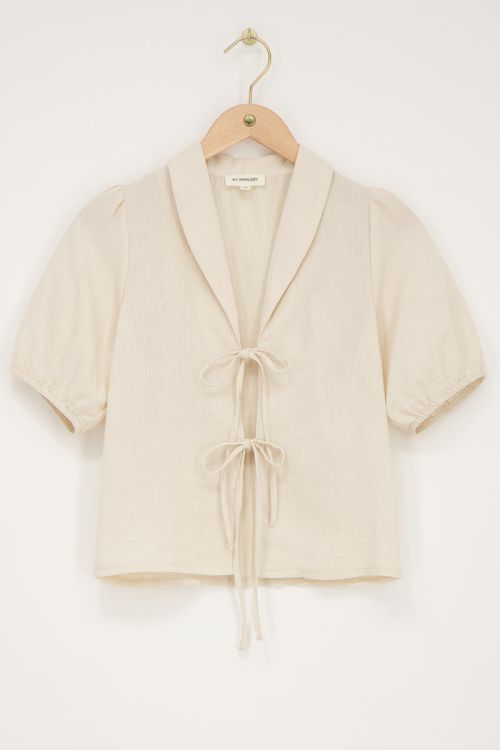 Beige linnen look top met strikjes