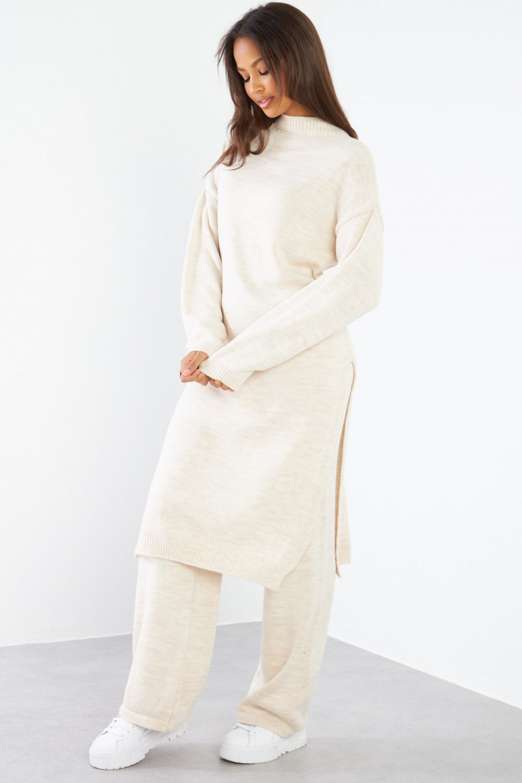 Ensemble 2 pièces pull long + pantalon en laine beige