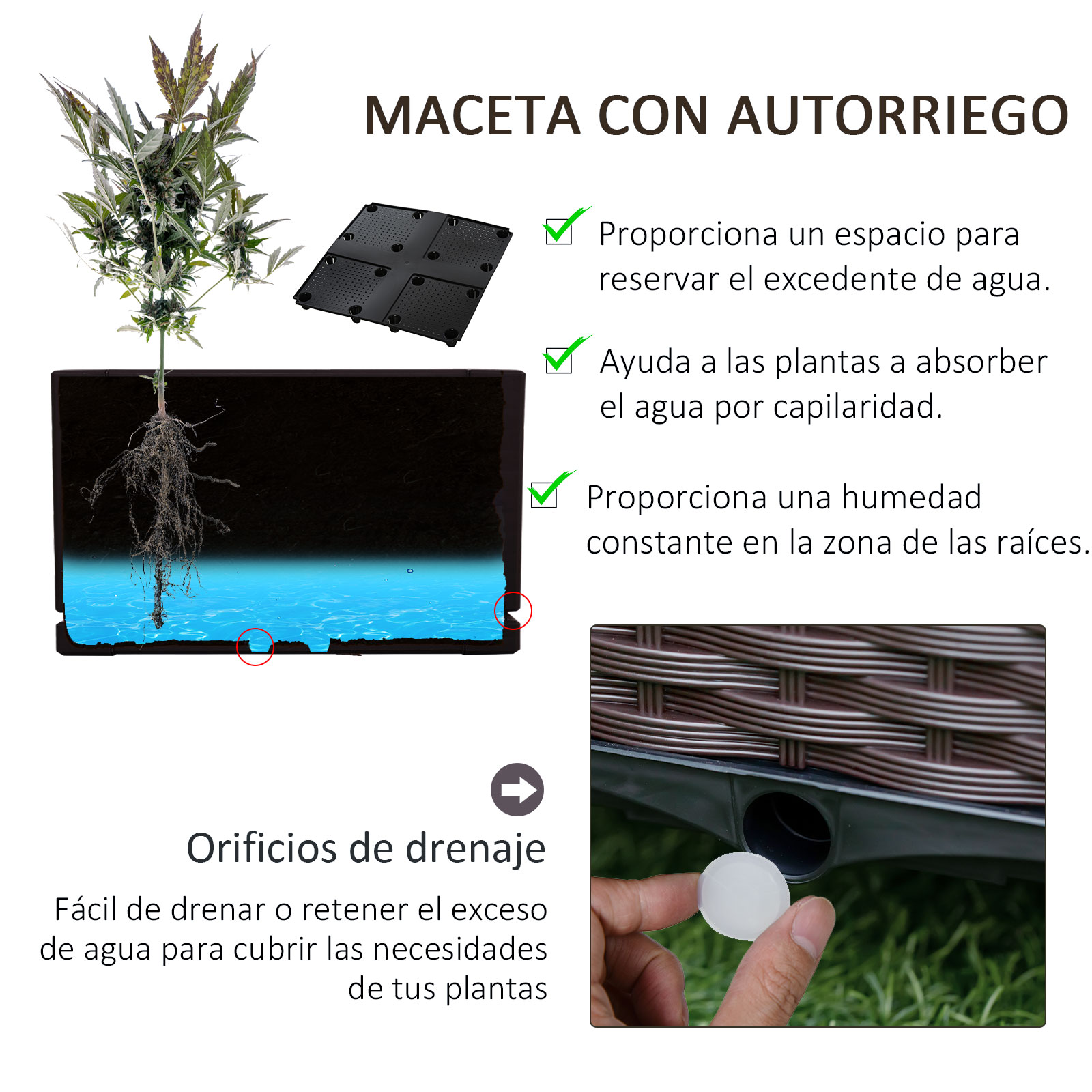Vaso de plástico curvo Outsunny com 4 rodas, vaso de flores com furos de drenagem para cultivo de plantas ao ar livre, pátio, terraço, 40x40x31,5 cm, marrom