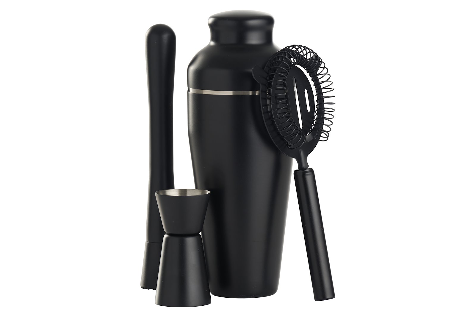 DAY \nCocktailsett Sortlakkert stål. Sett med shaker, målebeger, morter og sil.