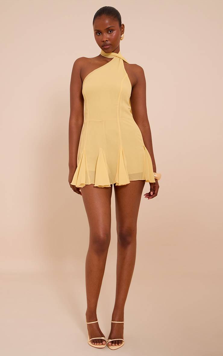 Jaune Combinaison-short En Mousseline À Col Godets Avec Foulard