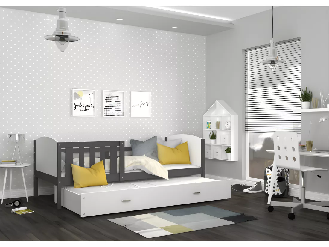 Lit Gigogne Tomy 90x190 Gris - blanc Livré avec sommiers, tiroir et matelas en mousse de 7cm