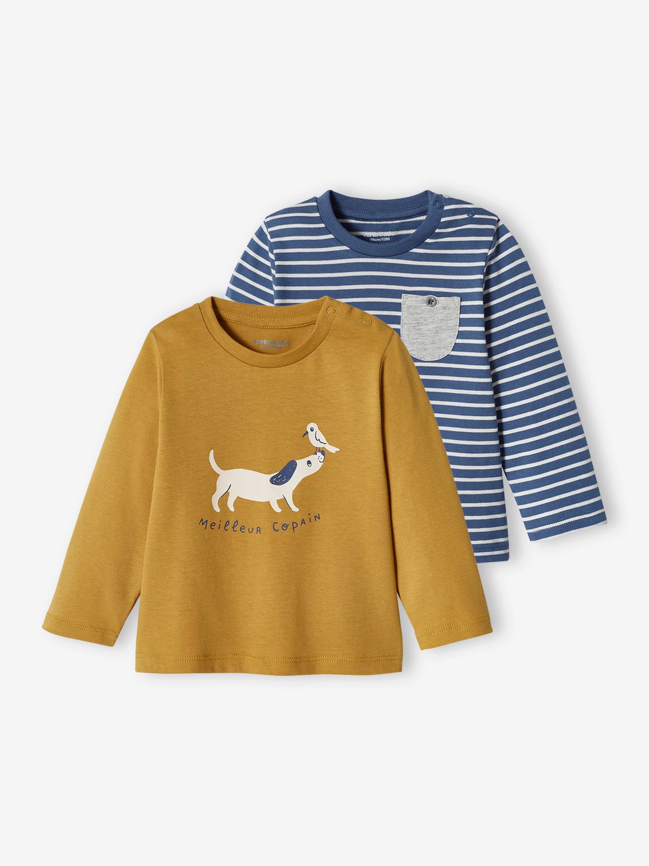 Conjunto de 2 camisetas básicas para bebê com estampa animal e listras, azul-acinzentado.