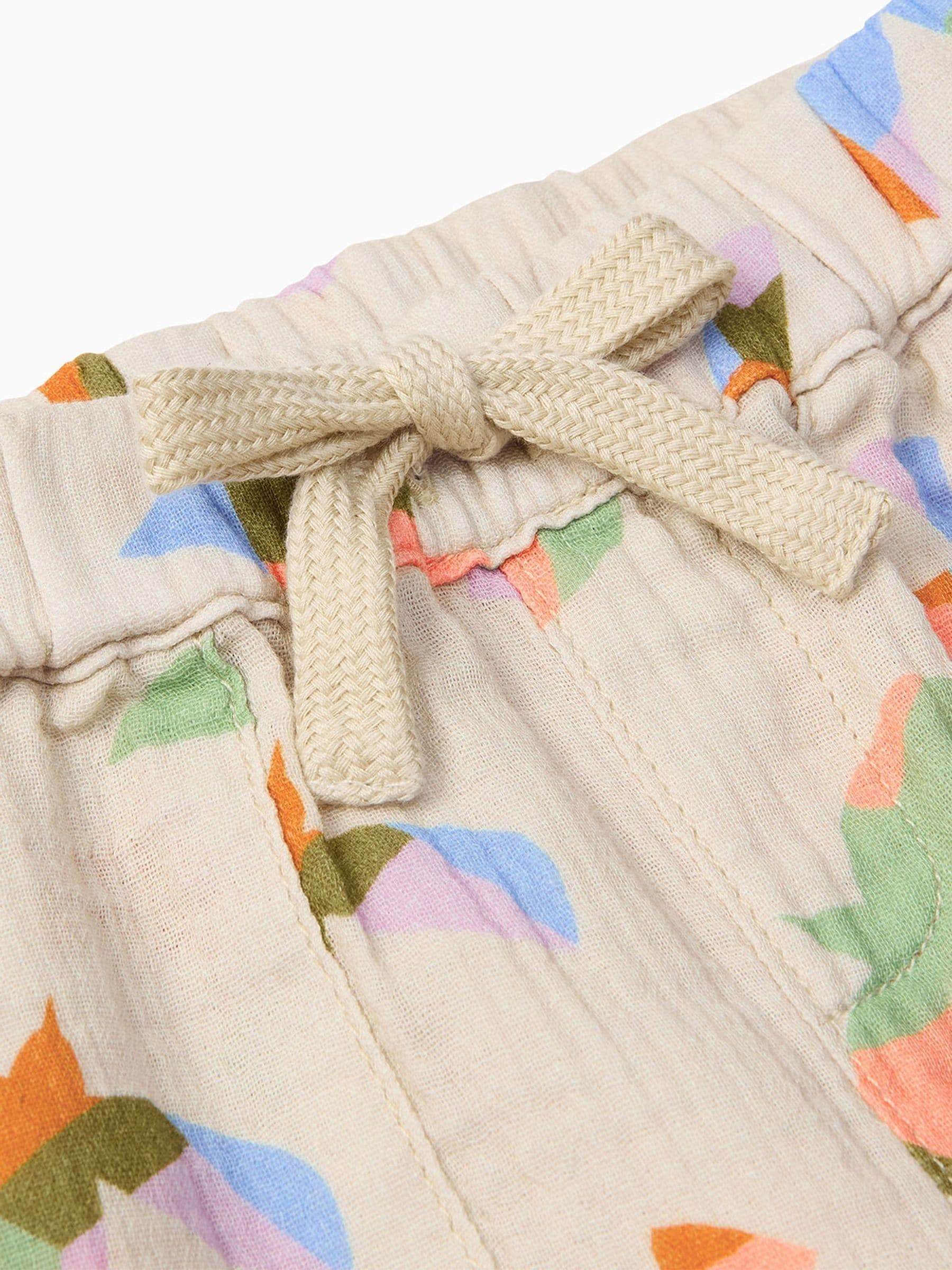 KIDLY BY MORI Cream Bird Print Cotton Muslin Shorts