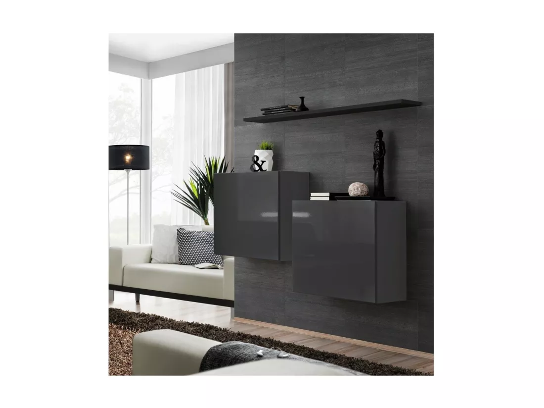 Ensemble meubles de salon SWITCH SBI design, coloris gris brillant et étagère noire..