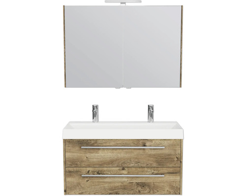 Badkamermeubelset Pelipal Milano (B x H x D): 100 x 200 x 45 cm, fronten van Ribbeck-eikenhout, met dubbele wastafel van wit gegoten mineraal (SET-138-045)