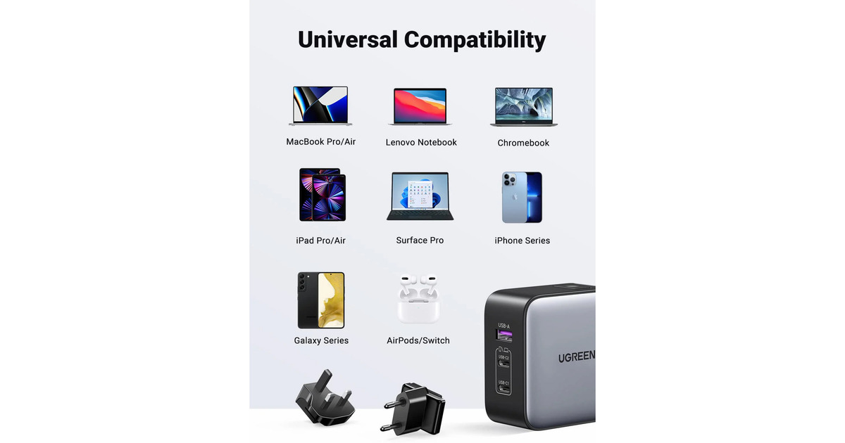 UgreenNexode 65W USB C GaN Oplader met 3 poorten met EU/US/UK Stekker  (Zilver/zwart)