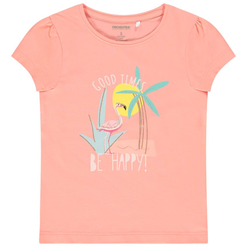 T-shirt manches courtes en jersey avec print fantaisie pour fille - Corail