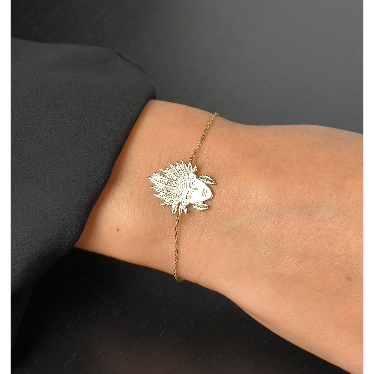Bracelet tête d'indien d'Amérique amérindien coiffe plume Plaqué OR 750 3 microns