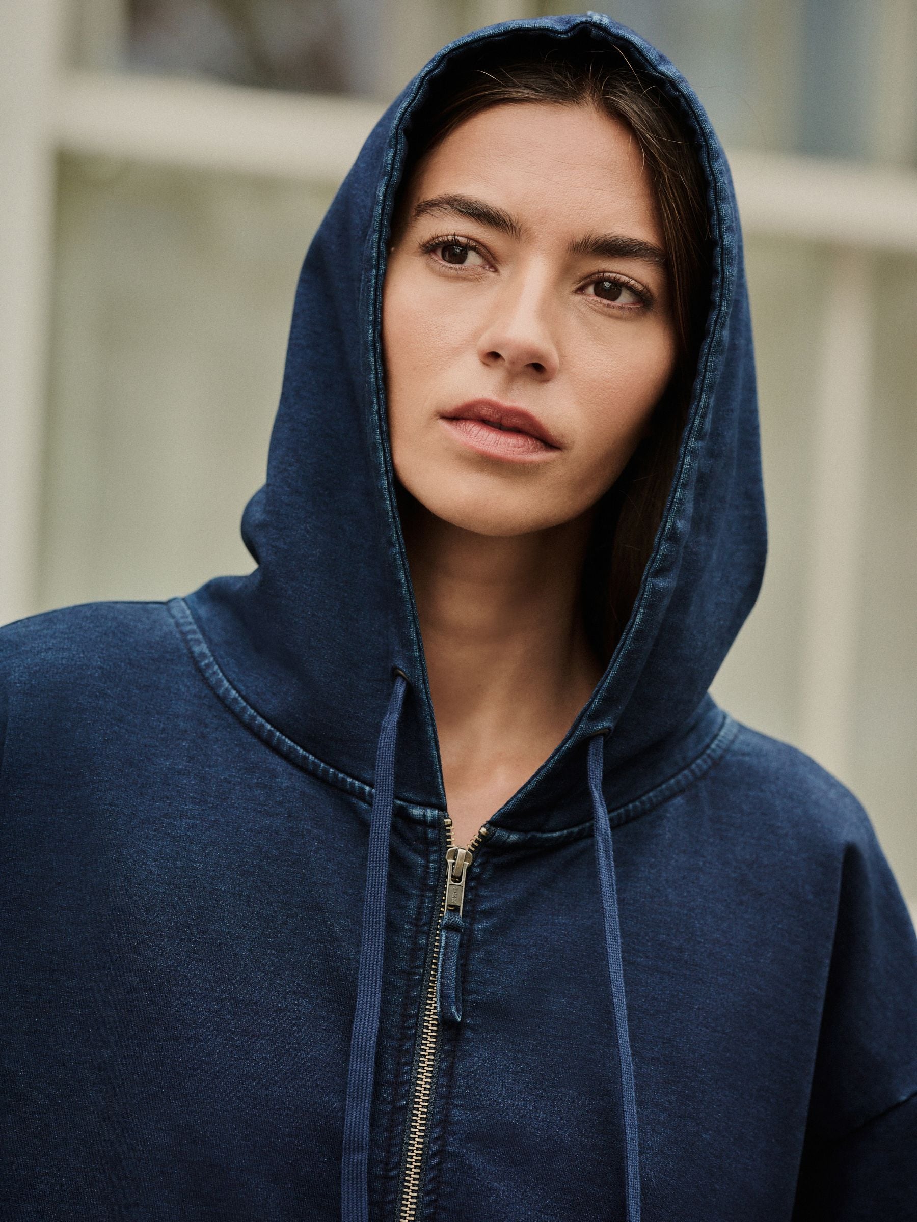 Donkerblauw - Denim Jersey Zip Through Hoodie