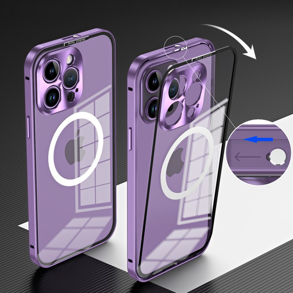 iPhone 14 Pro MagSafe Alu Schutzhülle mit Panzer Glas Backcover   Kameraschutz - Dunkellila (Deep Purple)