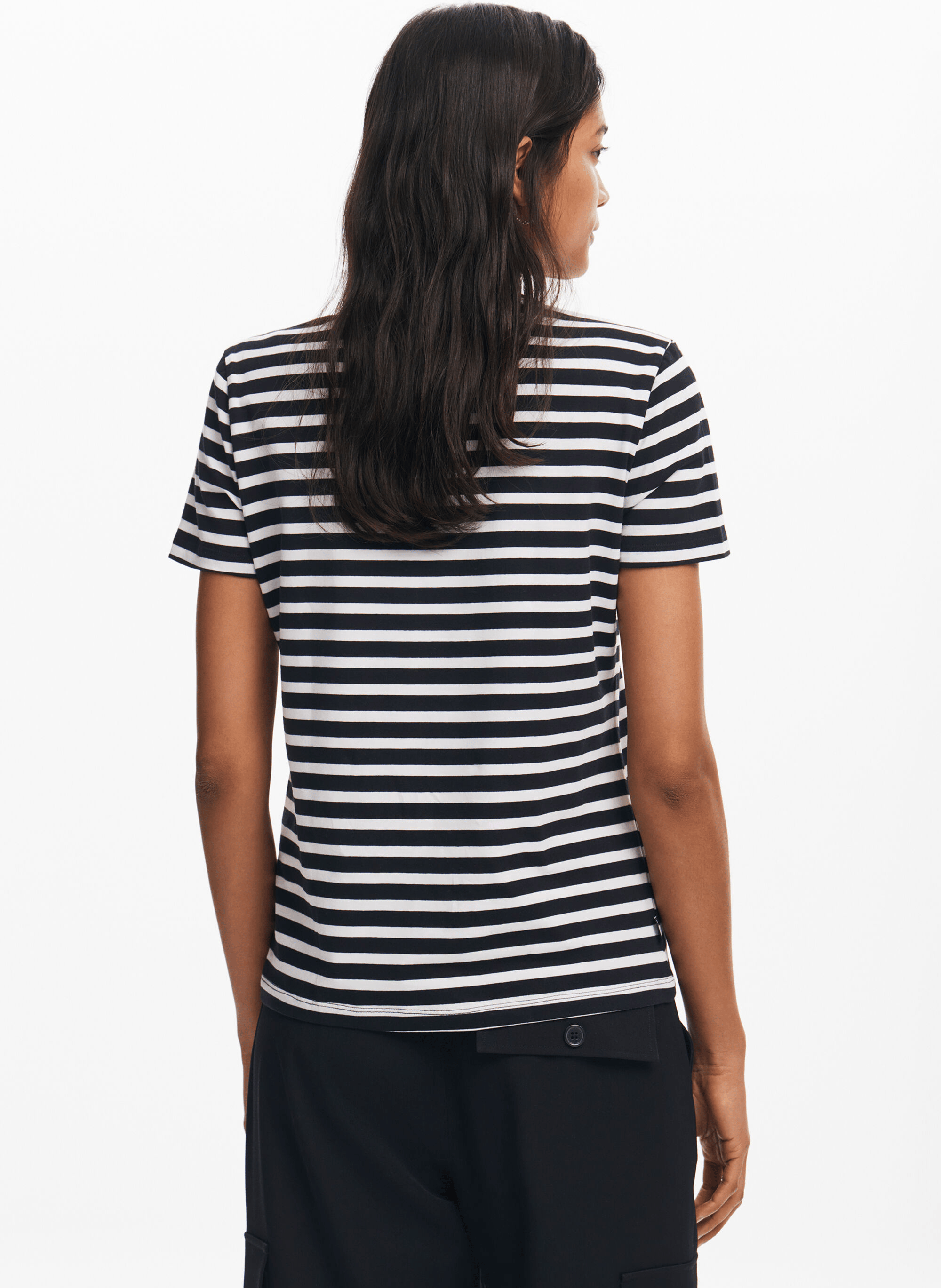 Tee-shirt col rond droit en coton mélangé rayé | Blanc