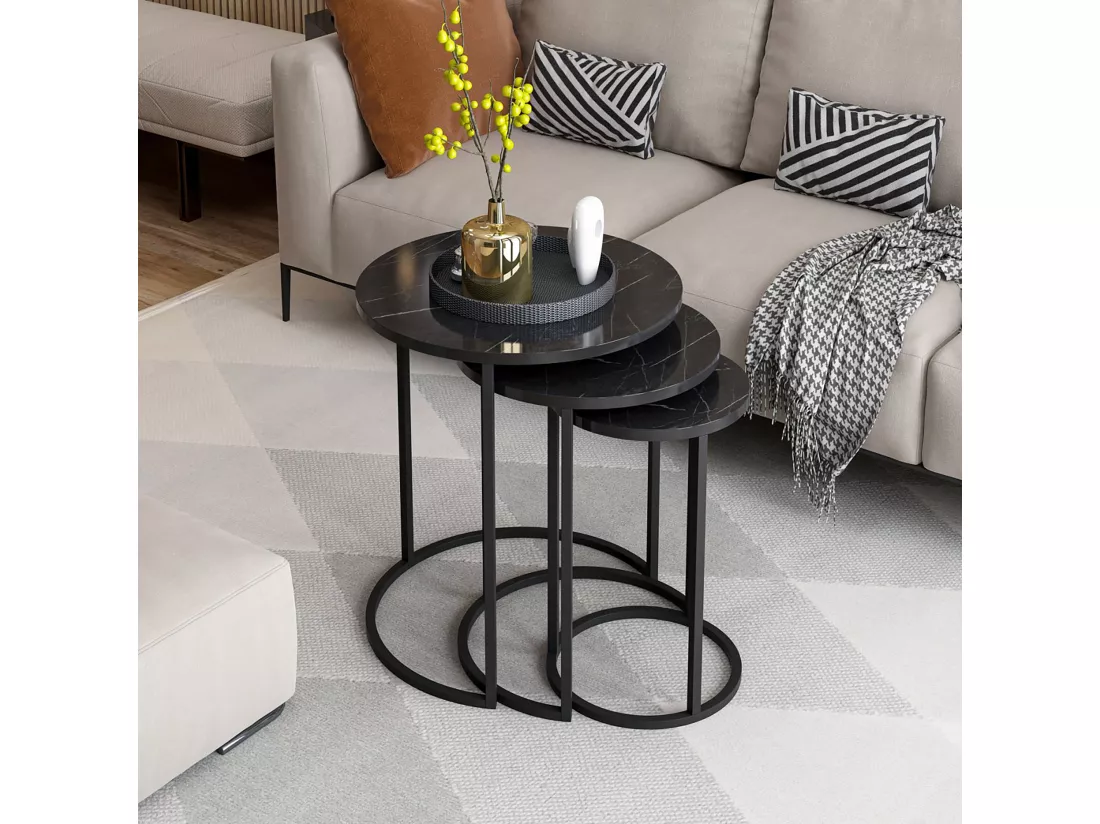 Set de 3 tables d'appoint Frederiksværk gigognes rondes marbre noir [en.casa]