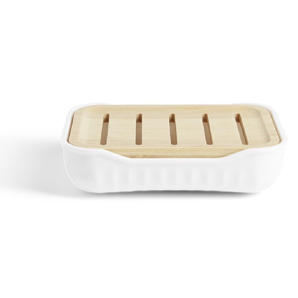 Porte-savon salle de bain bambou et plastique blanc