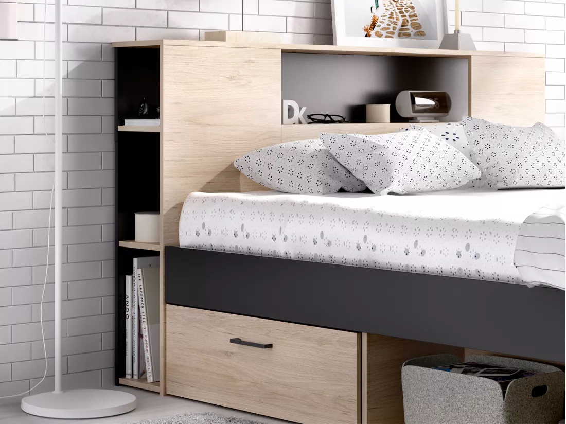 Lit avec tête de lit rangements et tiroirs - 180 x 200 cm - Coloris : Naturel et anthracite + Sommier - LEANDRE